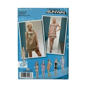 May include: Simplicity sewing pattern 3507, size AA 6-15/16, inspired by Project Runway, featuring a dress with a square neckline and a fitted bodice. The pattern includes five different dress styles.