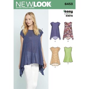 May include: A sewing pattern for a knit top with a high-low hemline. The pattern includes four different styles: a blue top, a floral print top, a peach top, and a green top. The pattern is labelled "Easy Just for Knits" and "New Look 6453".