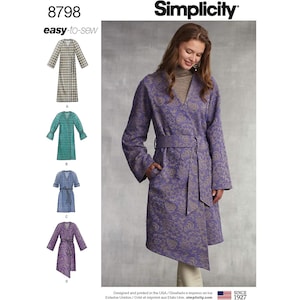 May include: Simplicity pattern 8798 for easy-to-sew wrap coats. The image shows a woman wearing a purple wrap coat with a floral pattern and a matching belt. The pattern includes different coat styles. The Simplicity logo and the text "easy-to-sew" are visible.