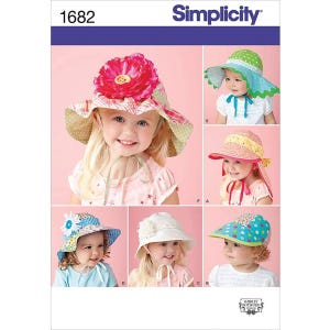 May include: Simplicity pattern 1682 shows a variety of children's sun hats. The hats are in different colours and patterns, including floral, polka dots, and solid colours. The hats have wide brims and some have chin straps.