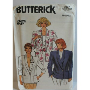 May include: A sewing pattern for a blazer, featuring three different styles. The pattern is from Butterick, and the pattern number is 3637. The size range is 8-10-12.