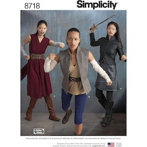 May include: Simplicity sewing pattern 8718 featuring three costume designs. The costumes include a burgundy dress with a wide belt, a gray vest with blue pants, and a black quilted jacket with a skirt. The pattern includes the text "Simplicity" and "Since 1927".
