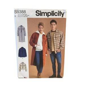 May include: A Simplicity S9388 sewing pattern envelope featuring illustrations of three jacket styles. The cover displays a person wearing a long rust-colored corduroy jacket over a white hoodie and blue jeans, and another wearing a plaid shirt jacket.