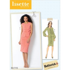 Könnte beinhalten: Ein Schnittmuster von Lisette mit einem ärmellosen Oberteil und einem Bleistiftrock in Korallenfarbe. Das Muster enthält eine Skizze eines grünen Anzugs mit Jacke und Rock. Der Text "Sew Your Style" ist sichtbar.