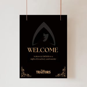 May include: Black and gold poster with a stylized image of a hooded figure and the text "WELCOME traitors & faithfuls to a night of treachery and murder THE TRAITORS".
