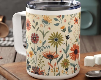 Vintage Floral Insulated Mug | 10oz Coffee Cup with Lid
