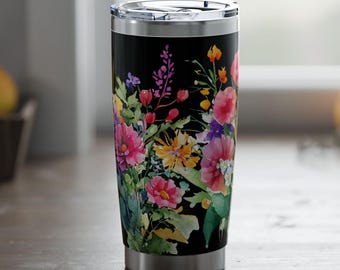 Taza de viaje con estampado floral de flores / Vaso térmico de 20 oz con tapa