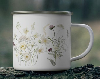 Dainty Pressed Wildflowers Camping Mug | Cottagecore Floral Coffee/ Tea Enamel Mug | Cute Gift for Gardener, Mom, Wife, Daughter