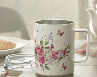 Rosa Pfingstrosen Thermosbecher | 10oz Blumenbecher mit Deckel
