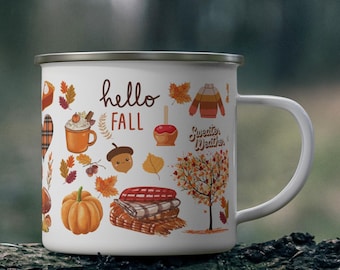Tazza da campeggio smaltata autunnale – Tazza da caffè autunnale per baita e attività all'aperto