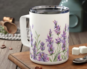Floral Insulated Coffee Mug: Whimsical Purple Flowers Travel Mug with Lid (10oz)