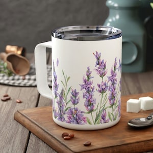 Floral Insulated Coffee Mug: Whimsical Purple Flowers Travel Mug with Lid (10oz)