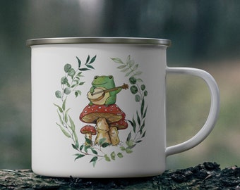 Frog Playing Banjo Enamel Tumbler with Handle | Cottagecore Mushroom and Frog Coffee/ Tea Camping Mug | Gift for Host, Birthday