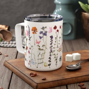 Vintage Pressed Flowers Insulated Coffee Mug, 10oz Coffee/ Tea/ Hot Cocoa Botanical Travel Cup with Lid, Nature Lover Gift