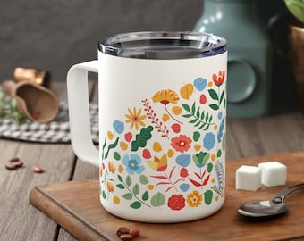Boho Floral Insulated Coffee Mug: Vintage Flower Decor, 10oz