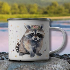 Tazza da campeggio smaltata floreale con motivo procione da 12 once / Tazza da caffè Woodland