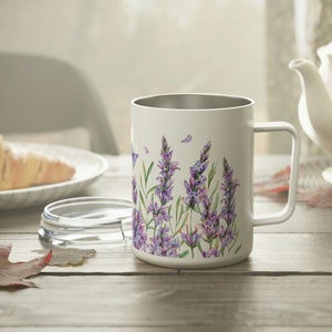Whimsical Purple Flowers Insulated Coffee Mug, 10oz Cottagecore Mug with Lid, Floral Summer Travel Mug