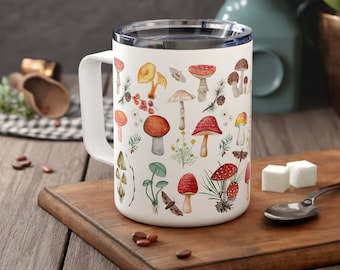 Botanical Mushrooms Insulated Coffee/ Tea Mug | Cottagecore Mushrooms Travel Cup with Lid | Best Selling Travel Mug