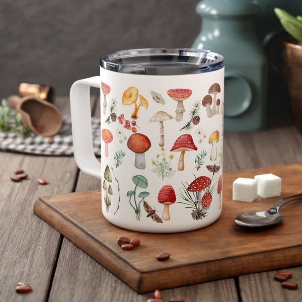 Botanical Mushrooms Insulated Coffee/ Tea Mug | Cottagecore Mushrooms Travel Cup with Lid | Best Selling Travel Mug
