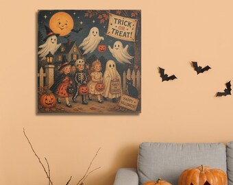 Vintage Halloween Wall Art, Retro Trick or Treat Canvas, Nostalgic Halloween Decor, Autumn Wall Art, Halloween Home Decor