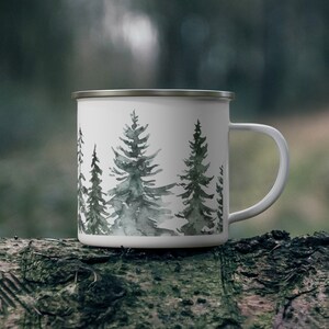 Watercolor Pine Trees Camping Mug, Watercolor Pine Forest Enamel Coffee/ Tea/ Hot Cocoa/ Soup Mug