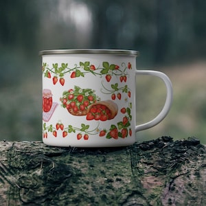 Cottagecore Strawberry Enamel Camping Mug | Fruit Harvest Coffee/ Tea/ Hot Cocoa Cup |