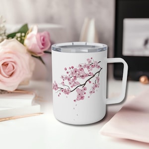 Cherry Blossom Insulated Coffee Mug: Pink Floral Travel Mug with Lid