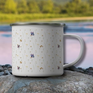 Flowers and Butterflies Enamel Camping Mug: Outdoor Adventure Gift