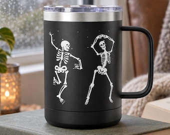 Dancing Skeleton Travel Mug, Halloween Stainless Steel Tumbler, Spooky Season Gift, 15 oz Coffee Mug