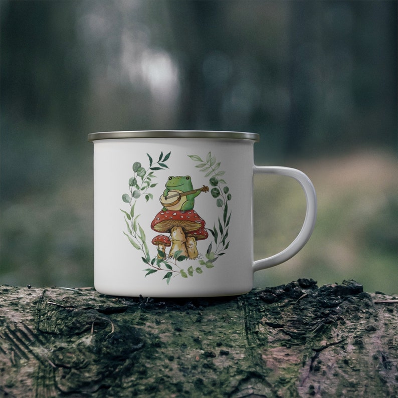 Frog Enamel Camping Mug – Cottagecore Toadstool Coffee & Tea Mug image 2