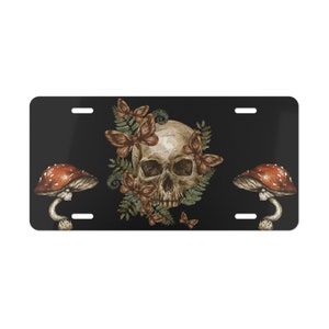 Skull, Moth & Mushroom License Plate: Dark Academia Car Tag