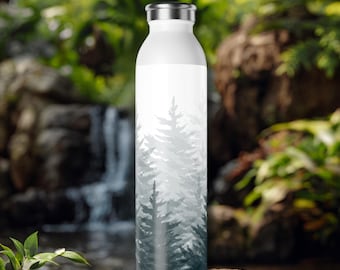 May include: White insulated water bottle with a silver lid. The bottle features a forest scene in shades of grey and blue. The design depicts stylized evergreen trees. The bottle is cylindrical and appears to be made of metal.