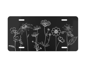 Hand Drawn Wildflowers License Plate, Custom Flowers Vanity Car Tag, Gift for New Car/ New Driver/ Mom/ Garden Lover
