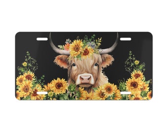 Highland Cow License Plate | Sunflower Car Tag, USA Made