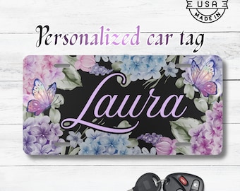 Matrícula personalizada con hortensias / Placa de coche personalizada con mariposas florales