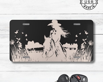 Cowgirl Horse License Plate: Vintage Rodeo Car Tag