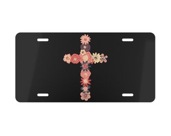Flower Cross License Tag, Floral Christian Vanity Car Tag, Gift for New Car/ New Driver/ Learner Permit