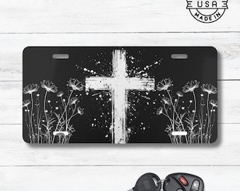 Placa de matrícula con cruz floral: placa cristiana para coche