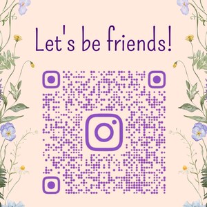 May include: A light peach-colored graphic with the text "Let's be friends!" in purple. It features a QR code and Instagram logo, with the handle @LPKBoutique. The design is framed by a floral border with watercolor-style flowers and greenery.