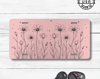 Etiqueta para coche con flores silvestres rosa rubor / Decoración floral para coche