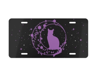 Floral Cat on Moon License Plate: Boho Car Tag