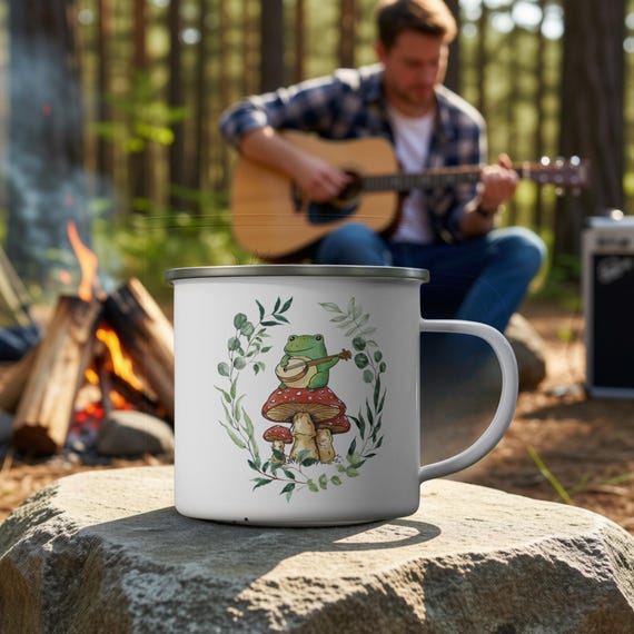 Frog Enamel Camping Mug – Cottagecore Toadstool Coffee & Tea Mug