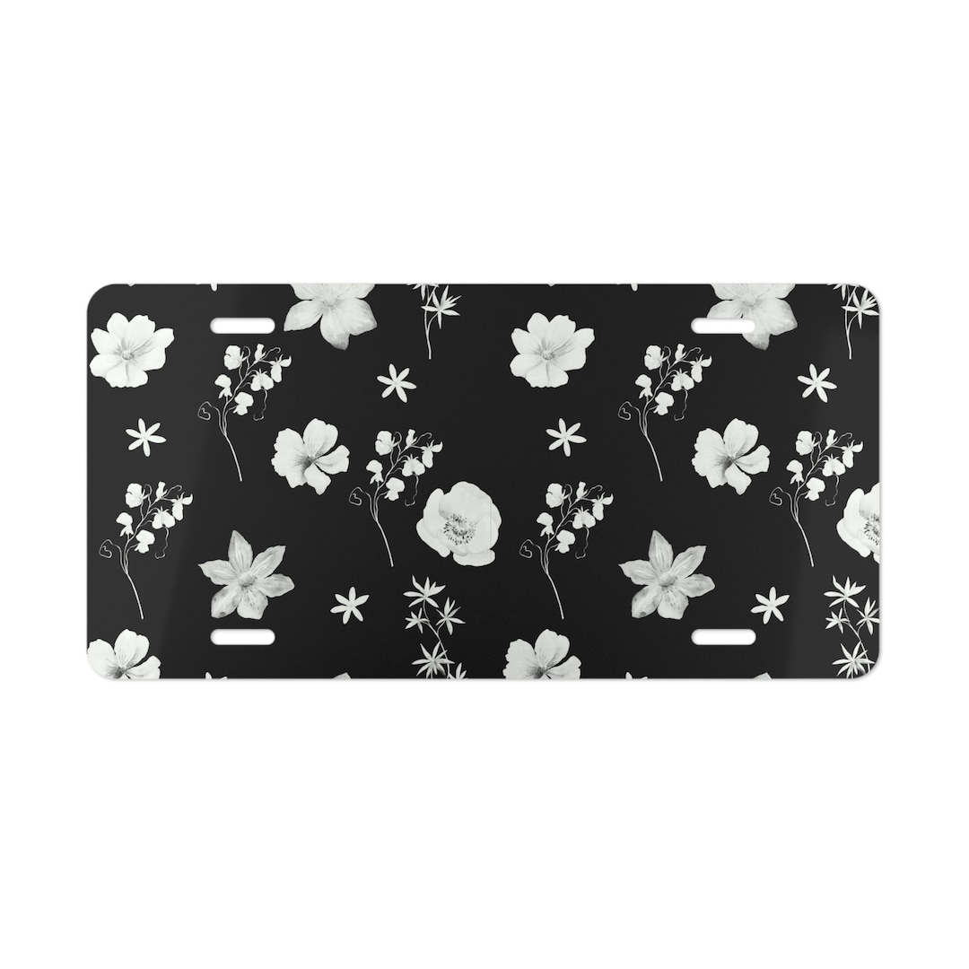 Black and White Flowers Vanity Car Tag Cute Floral License Plate for