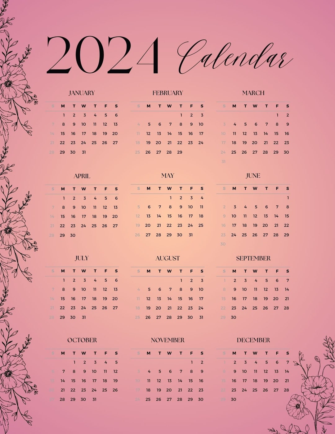 Colorful Sunrise Floral Minimalist 2024 Calendar Printable Colorful