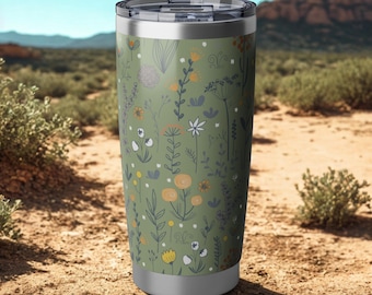 Taza de viaje con estampado floral verde / Vaso térmico con tapa y diseño de flores silvestres