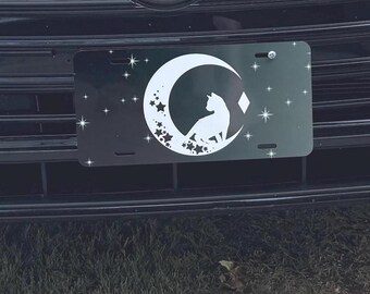 Cat In The Moon License Plate: Custom Stars Car Tag