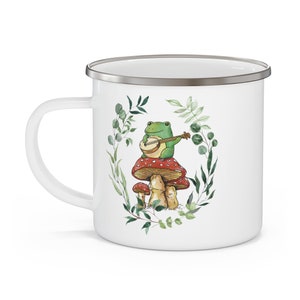 Frog Enamel Camping Mug – Cottagecore Toadstool Coffee & Tea Mug image 5