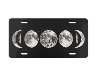 Placa de carro com fases da lua: Placa decorativa personalizada com tema de lua mágica