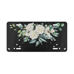 White Roses Car Tag, Romantic Floral License Plate
