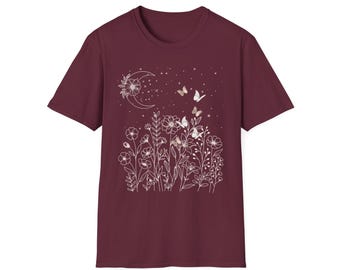 Camiseta con estampado floral de luna y mariposas / Camiseta veraniega de flores estilo boho para mujer